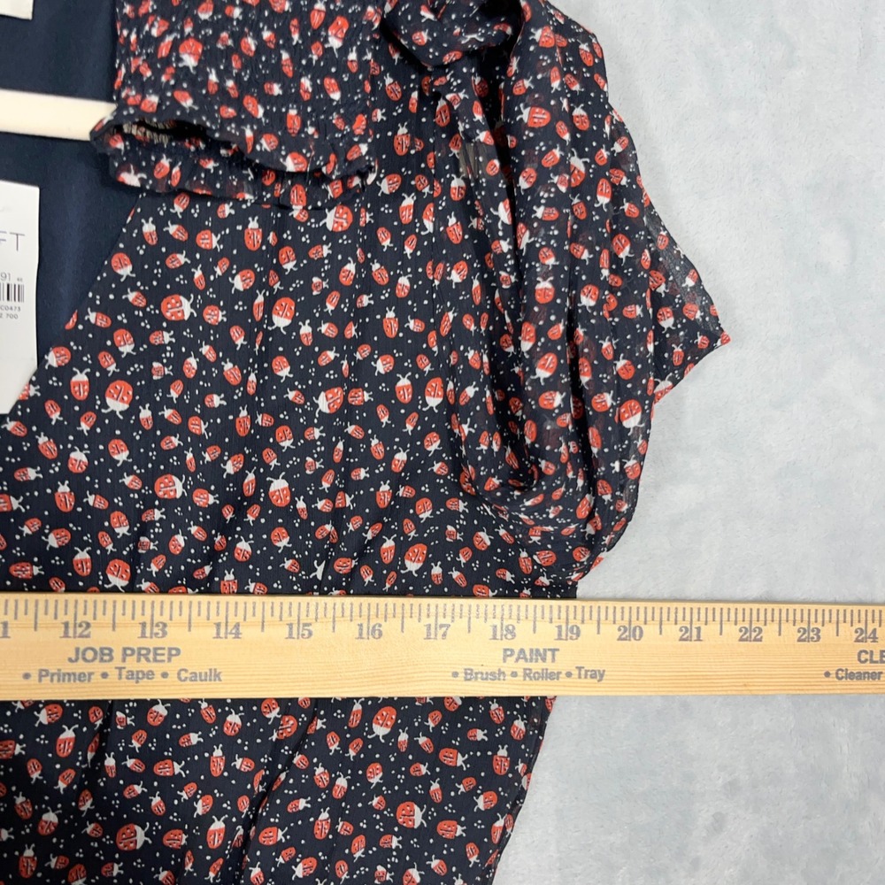 LOFT Women NEW Midi Dress M Navy Ladybug Print Smocked Chiffon V-Neck Career - Picture 3 of 12